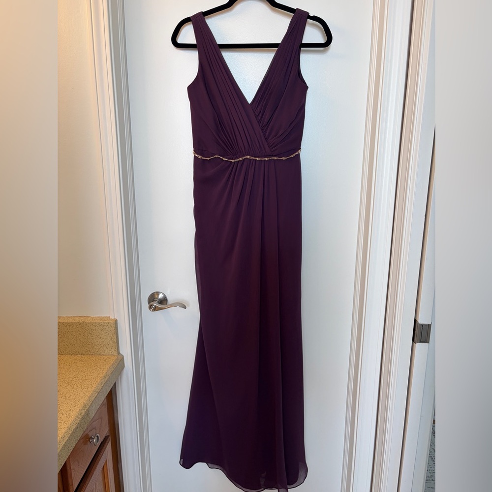 Davids Bridal Bridesmaid Dress F19585 Plum. Faux wrap chiffon, added trim.